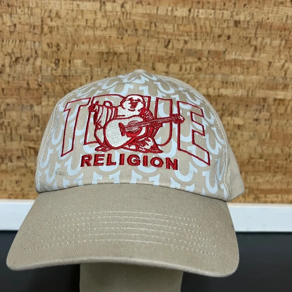 True Religion Men Tan Khaki Buddha Logo Snapback Baseball Hat Monogram Horseshoe